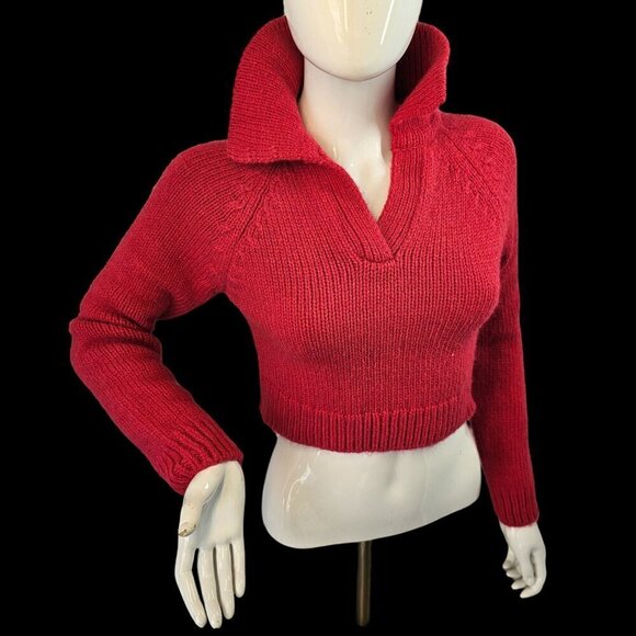 Zara Pink Cropped Cable Knit Sweater V Neck Collared Long Slv Womens XS Pink NEW - Picture 6 of 7